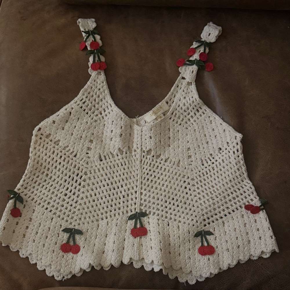 Handmade Cream Crochet Tank Top with Red Cherry Accents size M